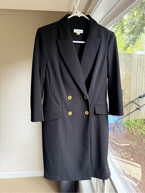 Calvin Klein Black Double-Breasted Long Blazer with Gold Buttons